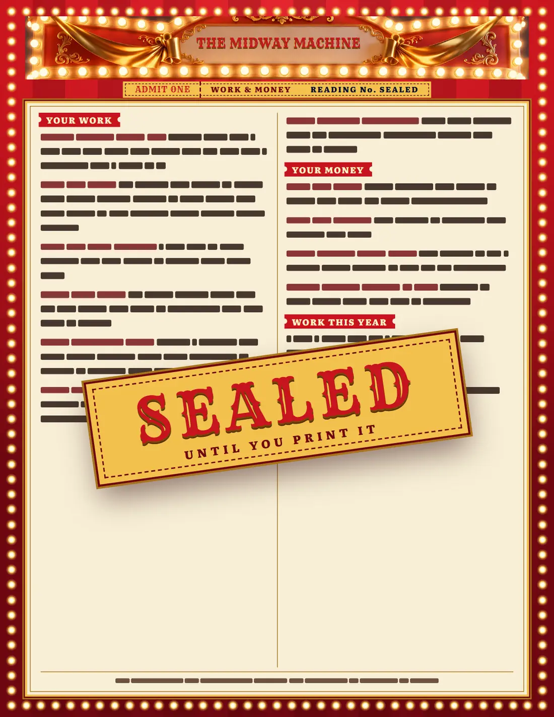 Page 5 of 6, Work & money, with every line sealed. Sections: Your work, Your money, Work this year, Money this year.